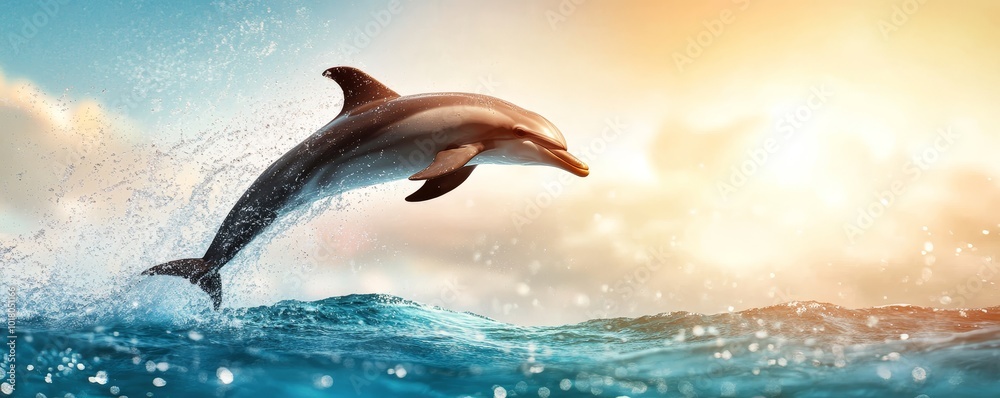 Obraz premium Dolphin jumping out of the water at sunset