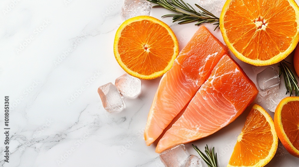   A close-up of a fish on ice surrounded by oranges and rosemary on a white marble table, with ice cubes in the background