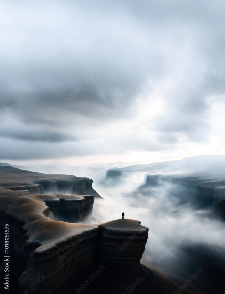 Solitary figure standing on a cliff surrounded by a vast, foggy canyon landscape with dramatic lighting and layered rock formations. Solitary figure standing on a cliff surrounded by a vast, foggy canyon landscape with dramatic lighting and layered rock formations.