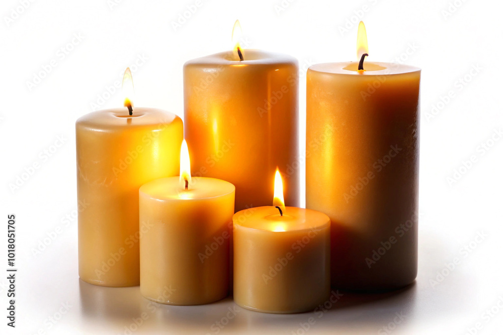 Candles with flames illuminated,isolated on white background Candles with flames illuminated,isolated on white background