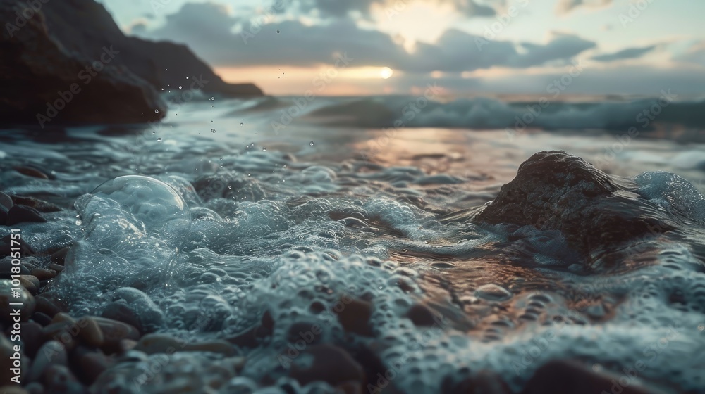 Obraz premium Soft waves lapping against a rocky shore