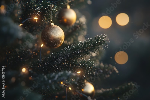 Evergreen Tree Decorated with Ornaments and Lights