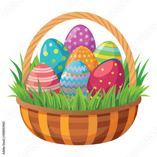 A clipart illustration featuring a basket filled with colorful Easter eggs