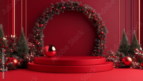 3D Red Podium Platform with Christmas Decorations