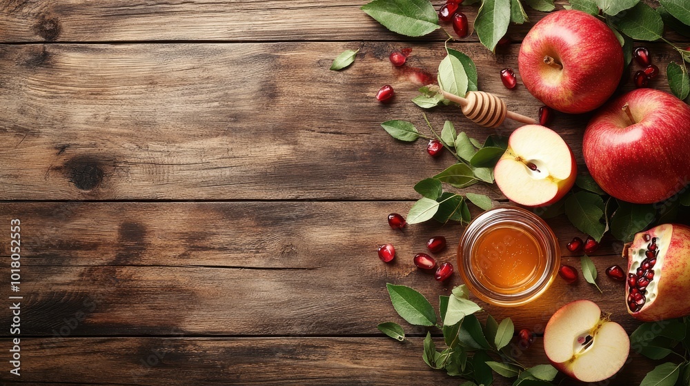 Apples, honey jar, and pomegranate seeds arranged with green leaves on a wooden table. Copy space above. Apples, honey jar, and pomegranate seeds arranged with green leaves on a wooden table. Copy space above.