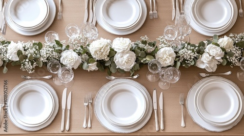 Beautifully arranged table setting with empty white plates and silver cutlery. Copy space available.