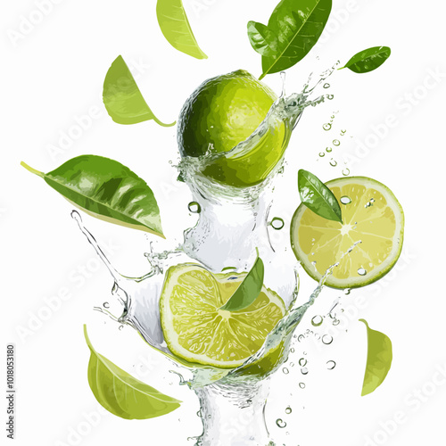 illustration of Fresh delicious Lime splashing cut out isolated on a white background, sliced lime on water splash