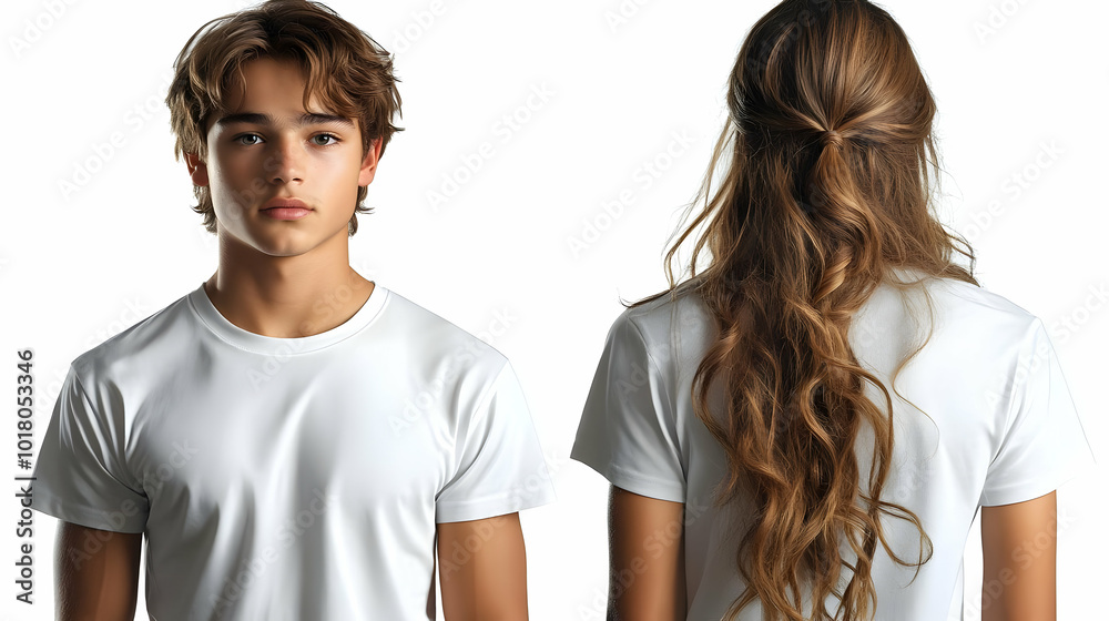 Portrait of a young male and female model in casual attire.