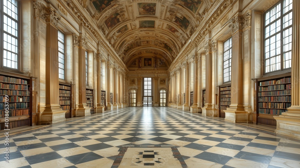 Grand Library with Towering Shelves and Ornate Columns