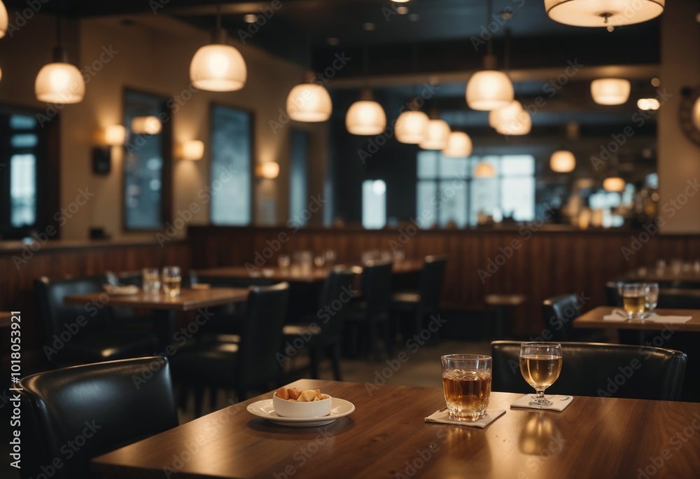 Empty restaurant with dim lighting and glassware on tables Empty restaurant with dim lighting and glassware on tables
