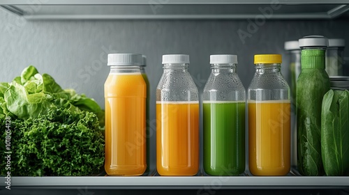 Colorful bottles of fresh juice lined up in a refrigerator with leafy greens and cucumbers, promoting healthy lifestyle choices.