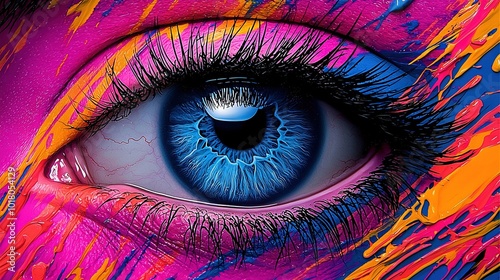   A detailed portrait of a person's eye, adorned with vibrant blue and pink paint on the upper crease