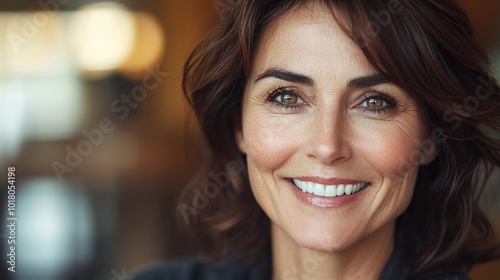 smiling middle-aged woman, close-up of her face with warm lighting, showing confidence and professionalism, modern corporate setting in the background, friendly expression