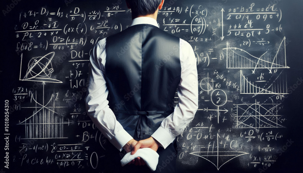 A man in a suit is writing complex mathematical formulas and equations on a large chalkboard. A man in a suit is writing complex mathematical formulas and equations on a large chalkboard.