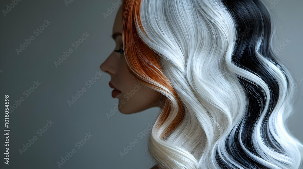 Profile view of a woman with strikingly styled hair colors. Profile view of a woman with strikingly styled hair colors.