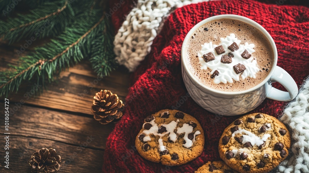 Cozy Christmas setting with a cup of hot cocoa, cookies, and a warm blanket. Copy space available. Cozy Christmas setting with a cup of hot cocoa, cookies, and a warm blanket. Copy space available.