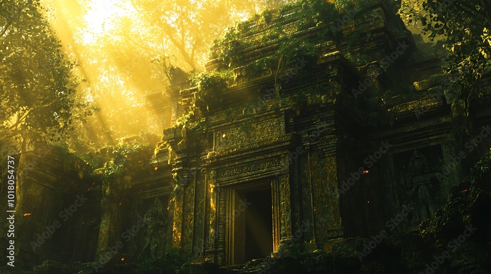 Ancient Temple Overgrown with Lush Greenery in the Jungle - 3D Illustration Ancient Temple Overgrown with Lush Greenery in the Jungle - 3D Illustration