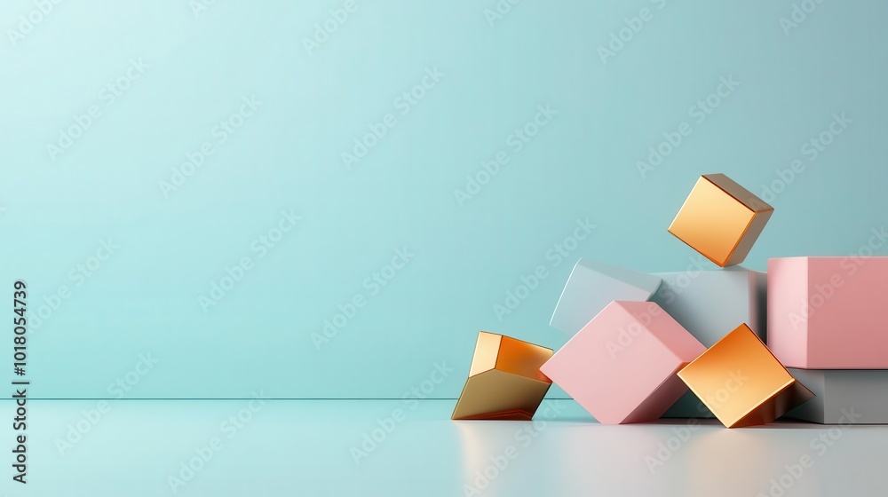 Colorful geometric shapes arranged playfully against a light blue background, ideal for modern design and artistic concepts.