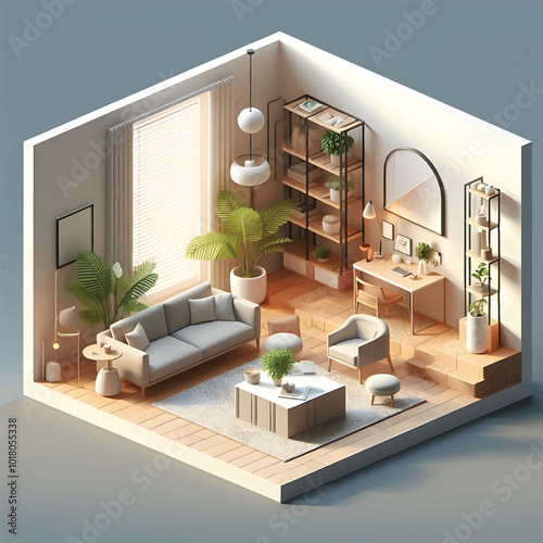 Minimalist Living Room Interior Design and blue background