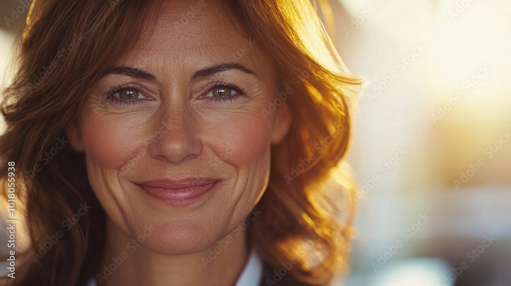 close-up portrait of a middle-aged businesswoman, warm light on her smiling face, professional and approachable, modern office setting, confident expression close-up portrait of a middle-aged businesswoman, warm light on her smiling face, professional and approachable, modern office setting, confident expression