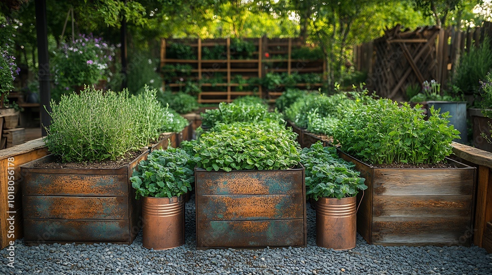 Aged metal planters filled fresh mint and sage vintage copper watering cans resting near raised beds compost piles in the background oldfashioned trellises covered in climbing vegetables Aged metal planters filled fresh mint and sage vintage copper watering cans resting near raised beds compost piles in the background oldfashioned trellises covered in climbing vegetables