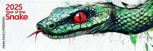 2025 Chinese new year of the snake with green scales and red eyes graffiti tagged on a white wall. Zodiac signs from China. Urban street art. Panoramic (3:1)