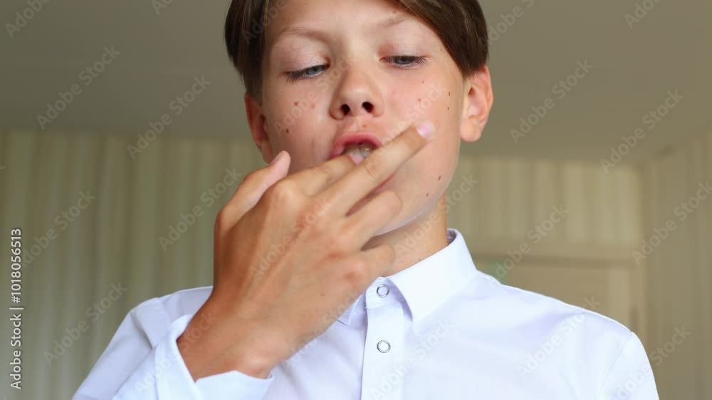 a teenage boy is shown preparing to wear a silicone aligner for straightening his teeth. The video captures a close-up of him placing the aligner into his mouth, ensuring it fits snugly over his teeth a teenage boy is shown preparing to wear a silicone aligner for straightening his teeth. The video captures a close-up of him placing the aligner into his mouth, ensuring it fits snugly over his teeth