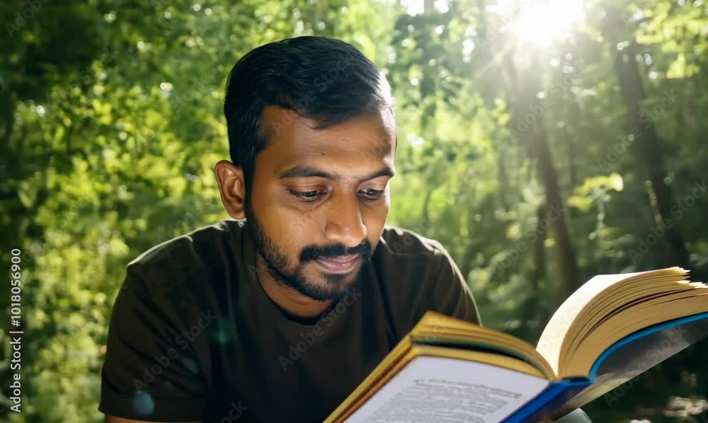 Indian Man Reading in a Peaceful Forest Clearing Indian Man Reading in a Peaceful Forest Clearing