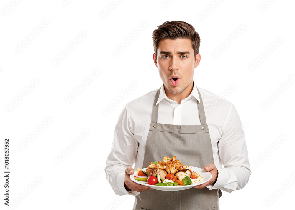 Surprised Young Male Food Blogger in Apron Presents a Delicious Dish. Isolated on Transparent Background. PNG. Surprised Young Male Food Blogger in Apron Presents a Delicious Dish. Isolated on Transparent Background. PNG.