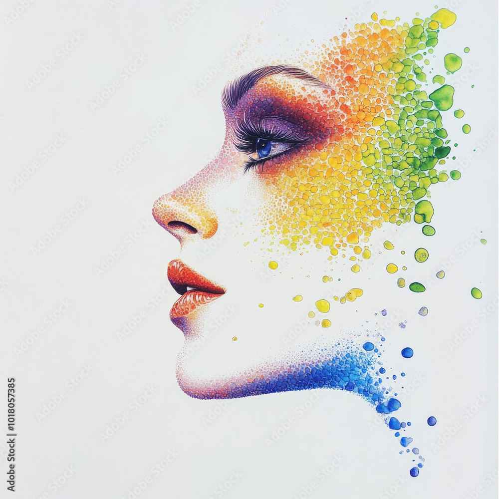 Fototapeta premium A woman’s face in a rainbow palette close-up, isolated, on a white background. Stylish print on fabric, paper, packaging. Advertising of decorative cosmetics, facial skin care products.