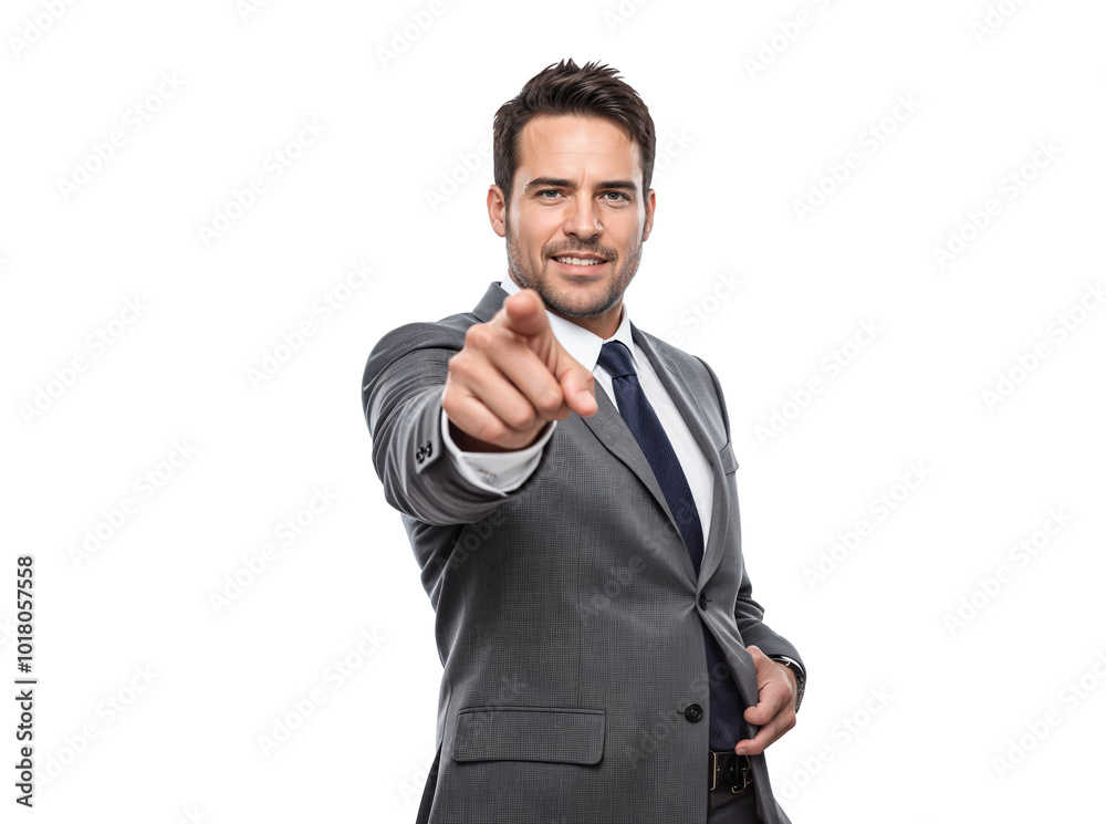 Confident Young Male Businessman in a Gray Suit Points Directly at You. Isolated on Transparent Background. PNG. Confident Young Male Businessman in a Gray Suit Points Directly at You. Isolated on Transparent Background. PNG.