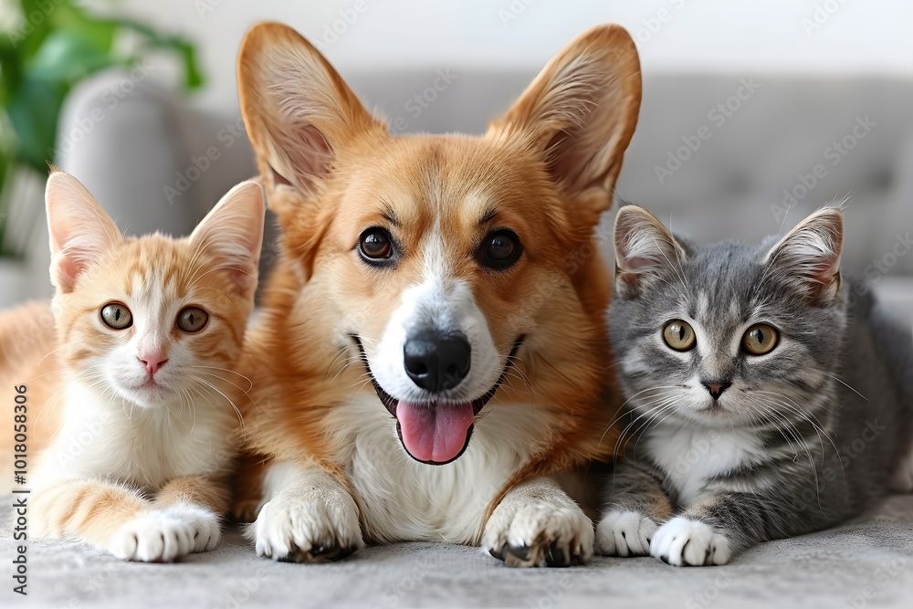 Adorable Trio: Welsh Corgi and Kittens Relaxing Indoors for Pet Photography Adorable Trio: Welsh Corgi and Kittens Relaxing Indoors for Pet Photography