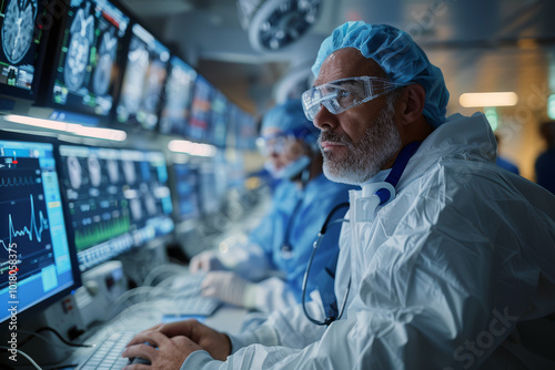Medical staff closely watch vital signs and images on multiple screens, ensuring precise care and safety while a patient receives a minimally invasive treatment in a catheterization lab