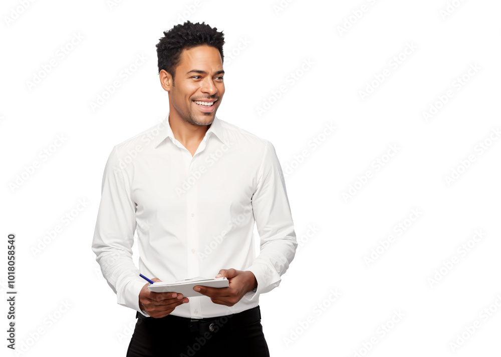 Smiling Young Male Waiter in White Shirt and Apron Taking an Order with Holds a Notepad and Pen. Isolated on Transparent Background. PNG. Smiling Young Male Waiter in White Shirt and Apron Taking an Order with Holds a Notepad and Pen. Isolated on Transparent Background. PNG.