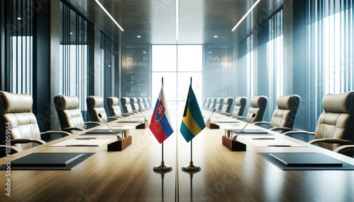 A modern conference room with Slovakia and Bahamas flags on a long table, symbolizing a bilateral meeting or diplomatic discussions between the two nations.