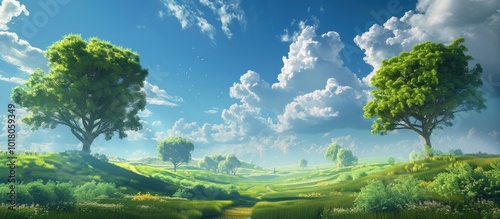 Serene Landscape with Lush Foliage and Clear Skies