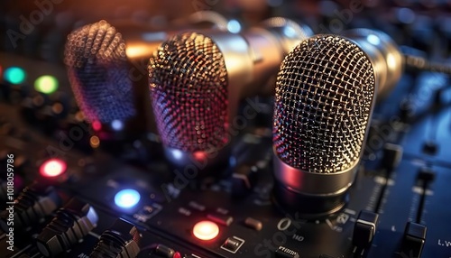 Different types of microphones, warm tones, photography, detailed, professional photo