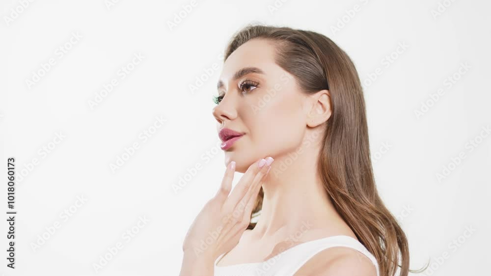 A beautiful young woman with clear, fresh skin gently touches her skin. This moment emphasizes the importance of self-care and cosmetic treatments for achieving a flawless appearance. A beautiful young woman with clear, fresh skin gently touches her skin. This moment emphasizes the importance of self-care and cosmetic treatments for achieving a flawless appearance.
