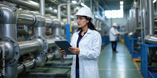 Indian Female Industrial Engineer Analyzing Machinery for Quality Control in Factory