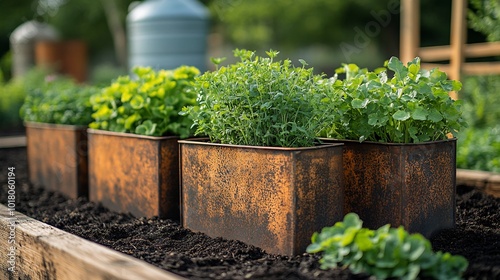 Antique metal planters filled thyme and parsley weathered copper watering cans resting on fertile soil closeup of raised beds compost bins in the background wooden trellises with vines