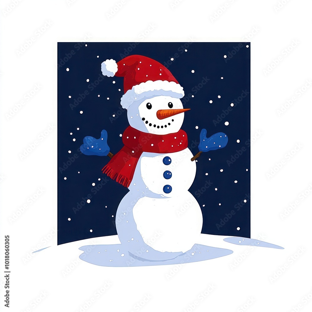 Fototapeta premium Festive Snowman in Winter Wonderland with Falling Snowflakes - Perfect for Christmas Celebrations and Holiday Decor