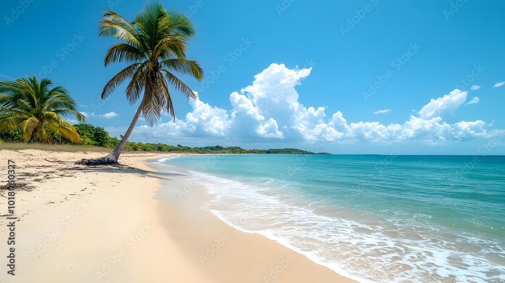 Serene beach scene with palm trees and clear blue waters. Serene beach scene with palm trees and clear blue waters.
