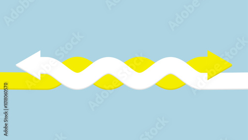 Two overlapping arrows going in opposite directions, a white arrow curving to the left and a yellow arrow curving to the right on a light blue background