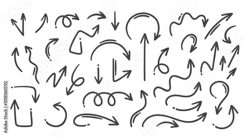 Arrow line icons set. Outline handwritten thin elements collection made with pencil, marker or pen. Simple sketch of straight and spiral pointers, arrows with swirls, circles icons vector illustration