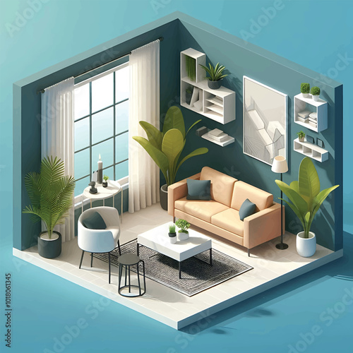 Minimalist Living Room Interior Design and blue background