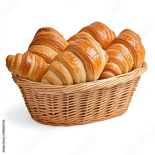 French Butter Croissants in a Basket on White Background