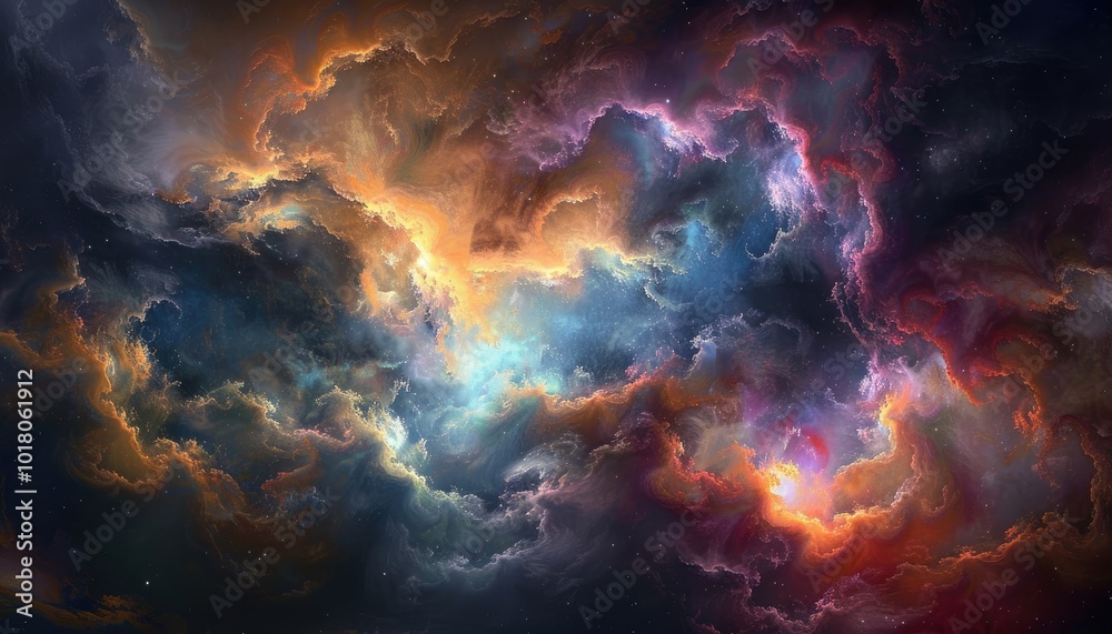 Cosmic Nebula with Swirling Gaseous Clouds and Scattered Stars Cosmic Nebula with Swirling Gaseous Clouds and Scattered Stars
