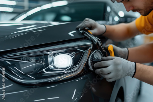 Close-up of a person detailing the headlight of a car in an automotive workshop. The individual is wearing gloves and using a polishing tool on the vehicle.