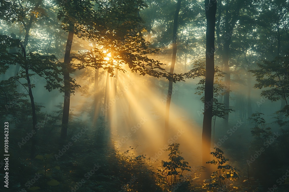 Sun Rays Through Foggy Forest - A Realistic Nature Image Sun Rays Through Foggy Forest - A Realistic Nature Image