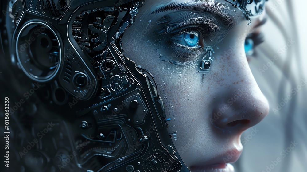 A close up of a woman's eye and face with a mechanical overlay. A close up of a woman's eye and face with a mechanical overlay.